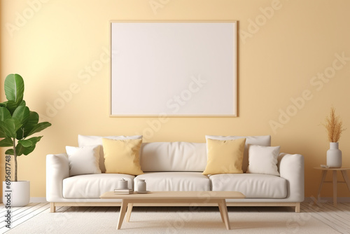 A cozy living room with a pastel yellow wall and a blank empty mockup frame, a plush sofa, and a soft rug. 8k,