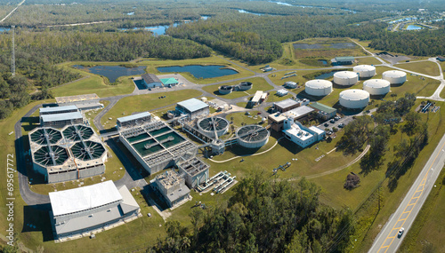 Aerial view of water treatment factory at city wastewater cleaning facility. Purification process of removing undesirable chemicals, suspended solids and gases from contaminated liquid