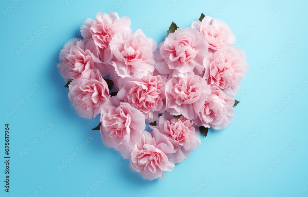 pink carnations with heart shape on the blue background pink carnations with heart shape on the blue background