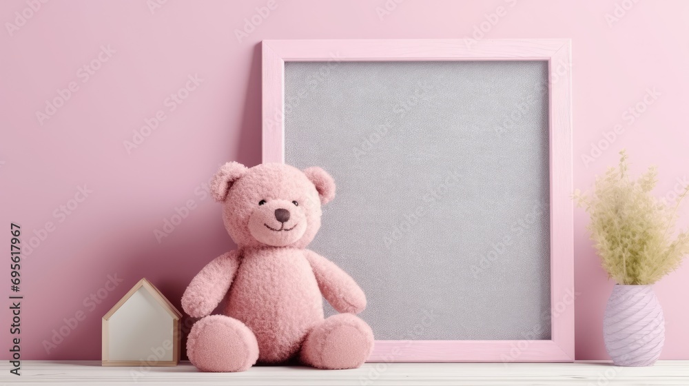Toy pink plush bear with a wooden frame on a pink background. Mock up Toy pink plush bear with a wooden frame on a pink background. Mock up