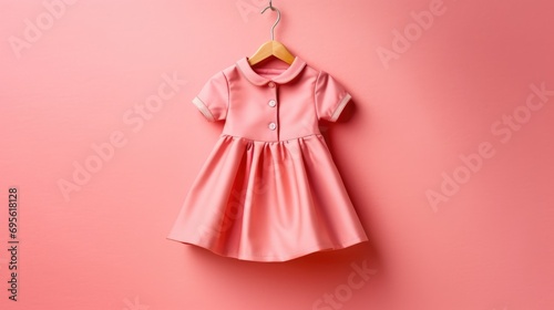 Pink dress for little girl on wooden hanger on pink background
