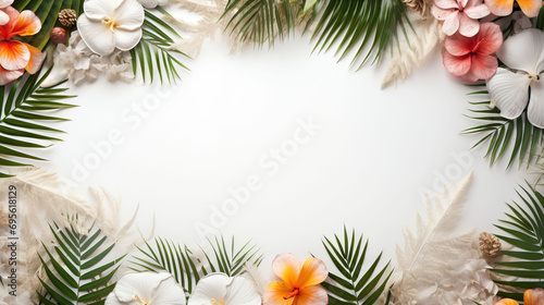 white sand textured background with floral and palm leaves 