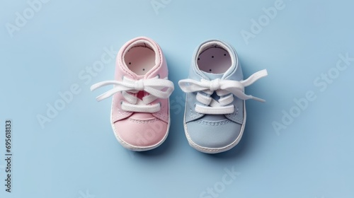Pink and blue baby booties on a blue background top view. Gender reveal concept. Boy or girl photo