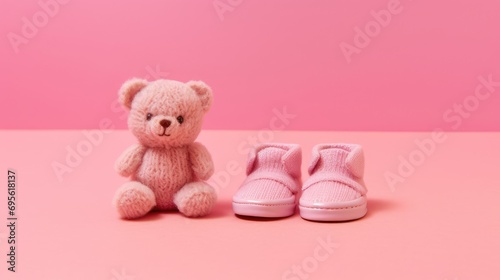 Knitted pink blue booties and toy bear on a pink background  photo