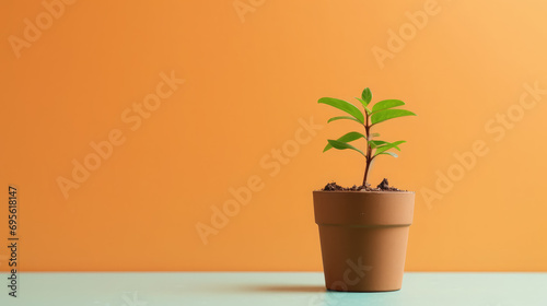 green plant growing in a pot on the background of a colored wall, home gardening, flower, seedling, sprout, leaves, stem, greenhouse, nature, spring, care, life, botany, floral, tree, soil, interior
