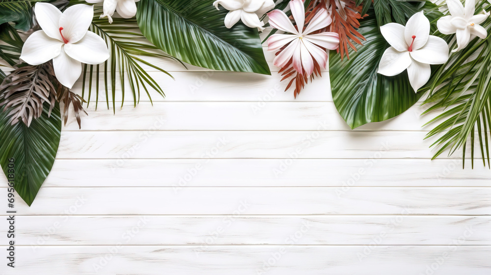 white wood textured background with floral and summer tropical leaves 