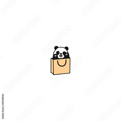 Cute panda in a paper shopping bag cartoon, vector illustration