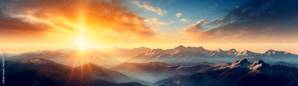 Sunrise Over Misty Mountain Range. Early morning sun bathes the layered hills and valleys in warm golden light.