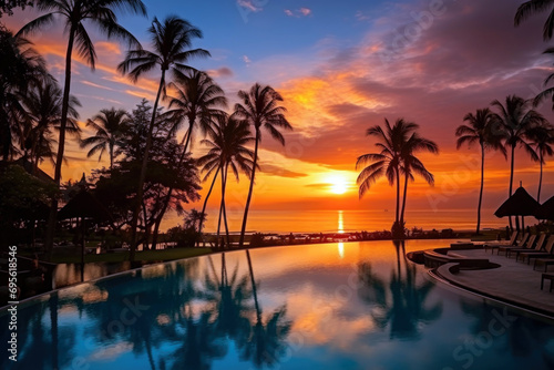 Tropical Resort Sunset Serenity with palm trees.