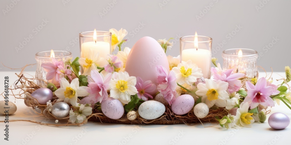 A beautifully decorated Easter table centerpiece with pastel-colored eggs, fresh flowers, and candles. --ar 2:1 --v 5.2 Job ID: 0c11caad-0f8c-45b1-b00f-ddb0d1c0aa52