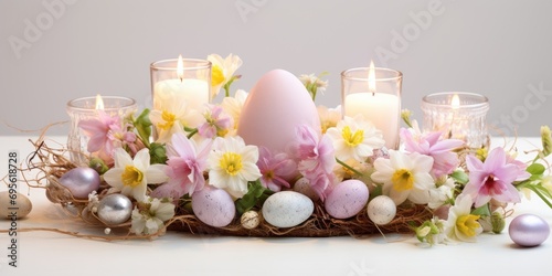 A beautifully decorated Easter table centerpiece with pastel-colored eggs, fresh flowers, and candles. --ar 2:1 --v 5.2 Job ID: 0c11caad-0f8c-45b1-b00f-ddb0d1c0aa52