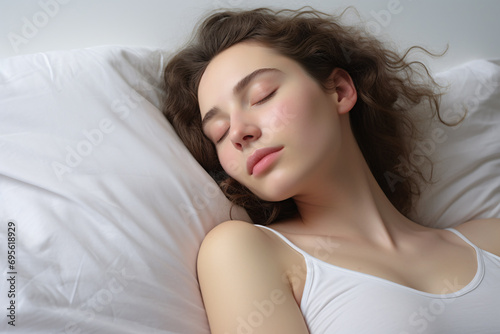 Young woman sleeping on white pillow