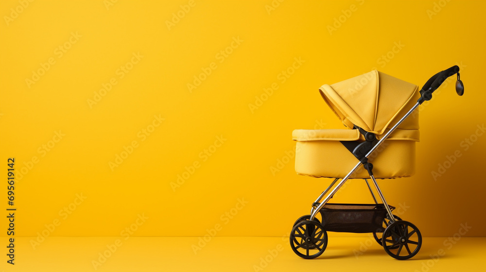 The pram against the yellow background was a symbol of new beginnings, a reminder that anything is possible for a new life. ai generated. - obrazy, fototapety, plakaty 