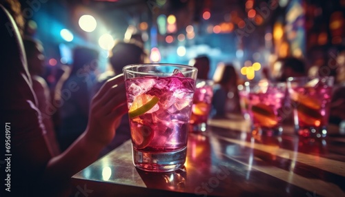 people in a party drinking glasses of sangria in background with colorful lights photo