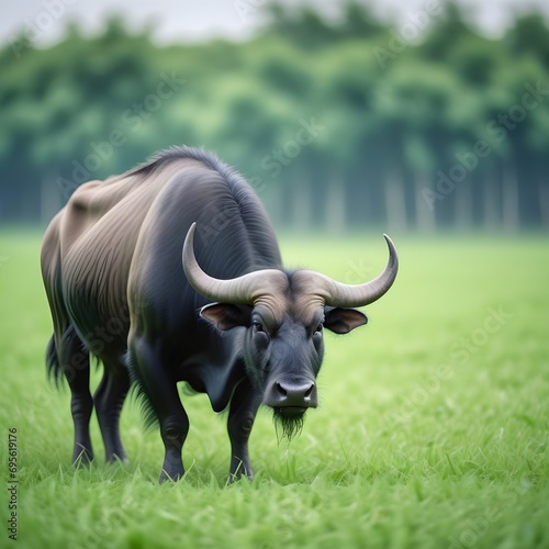 Black water buffalo on green grass field