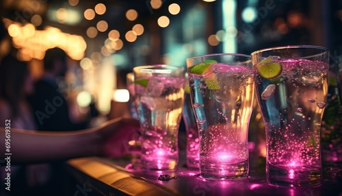 people in a party drinking glasses of sangria in background with colorful lights