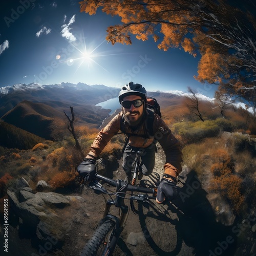 Hombre ciclista, feliz, con barba y en forma en primer plano. Render fotorealista elaborado con tecnología IA ojo de pez