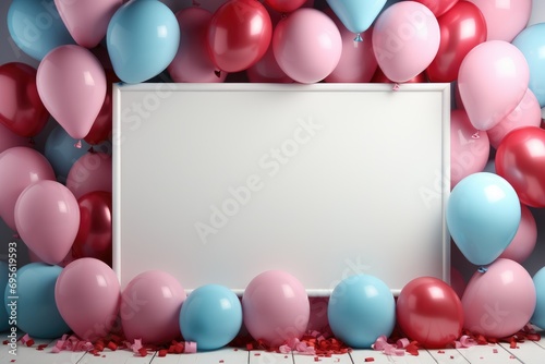 Mock up of white board with pink and blue balloons on wooden background. Baby gender reveal concept. Boy or girl.