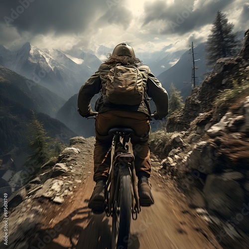 Ciclista subiendo la montaña. Render fotorealista elaborado con tecnología IA photo
