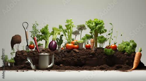 Various vegetables and herbs growing in soil with gardening tools, arranged in a cross-section view as if they are growing on a slice of earth.