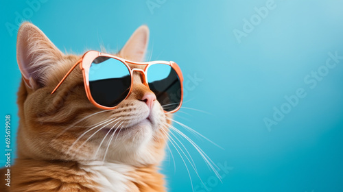 Obraz na płótnie Close-up portrait of a humorous ginger cat in sunglasses, isolated on light cyan