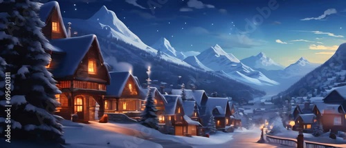 Snowy winter cabins in mountain village cozy holidays parallax animation photo