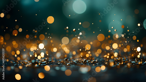 Abstract blur bokeh background. Gold bokeh on defocused emerald green background photo