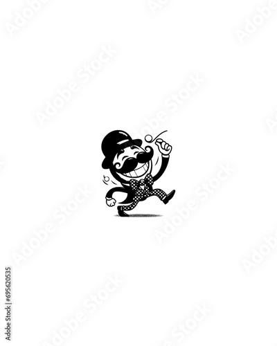 whimsically dapper 1930s-style vintage character with a twirled mustache, bowler hat, and an infectious laugh, often seen frolicking in polka-dotted trousers while twirling a monocle Genrative AI