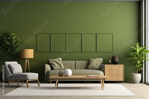 Contemporary living room with an olive green wall, a sleek empty mockup frame, and modern, stylish furniture. 8k,
