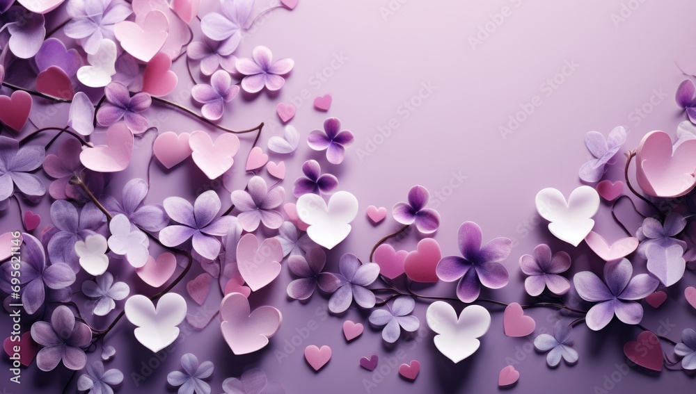 many hearts, flowers and hearts over purple background