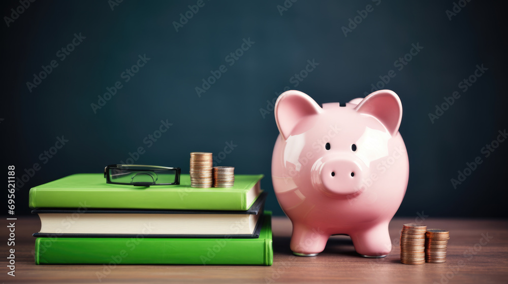 Piggy bank near a stack of hardcover books on a wooden desk Piggy bank near a stack of hardcover books on a wooden desk