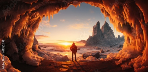 photographer taking photo of sun setting behind some ice cavern photo