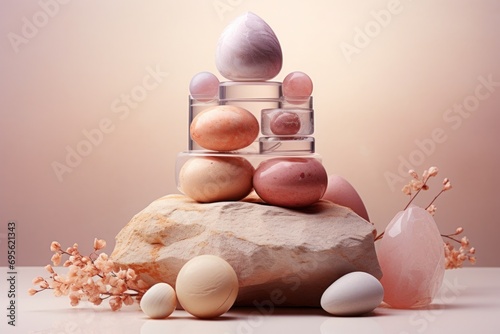 of cosmetic products on a rock photo