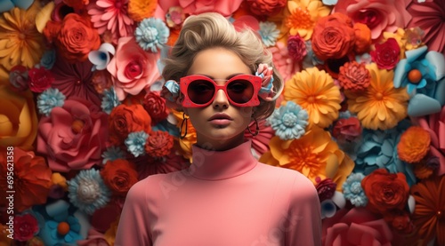 girl in sunglasses posing in front of beautiful flowers