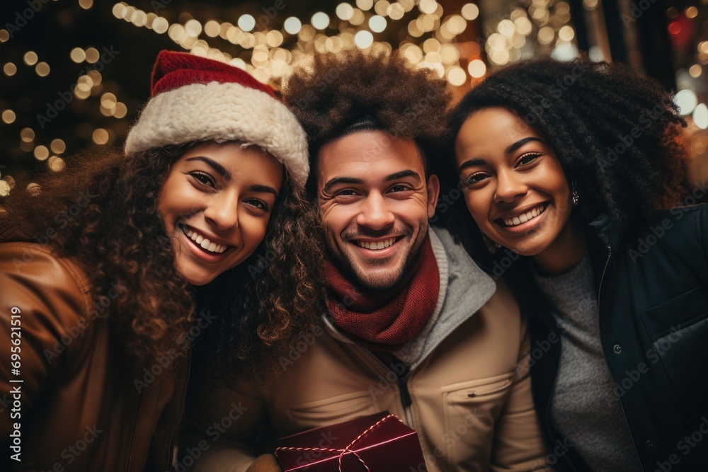 four people with christmas gifts taking a selfie in front of christmas tree four people with christmas gifts taking a selfie in front of christmas tree