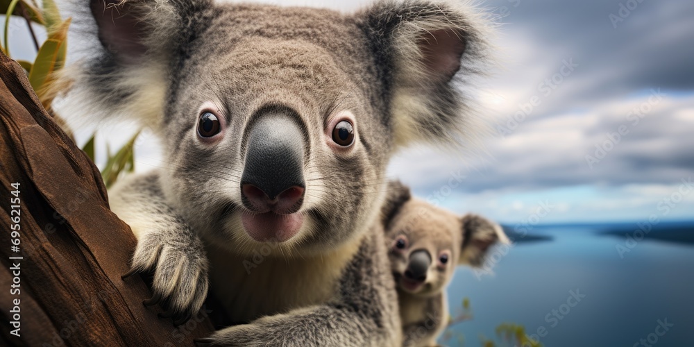 Obraz premium funny and cute koala on a tree, animals of australia, Generative AI