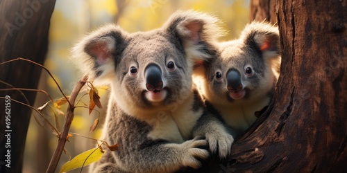Two cute koalas on a tree, animals of Australia. Generative AI