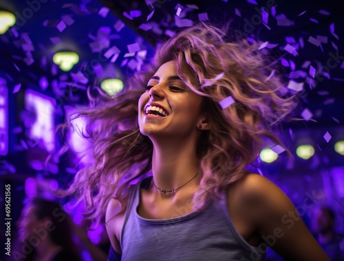 dancing woman on the dancefloor while the confetti falls up her hair