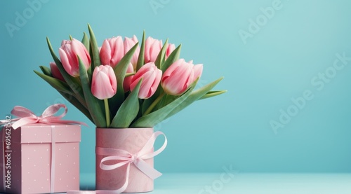 pink box with pink tulips on the blue background pink tulips #695621582