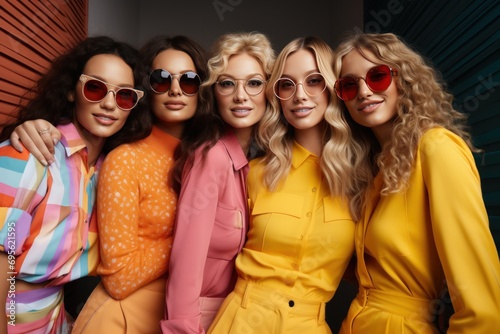 cute women wearing sun glasses posing in yellow photo