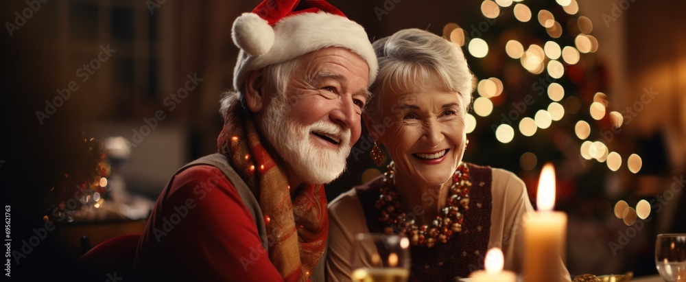 older woman and older man enjoying christmas meal at table