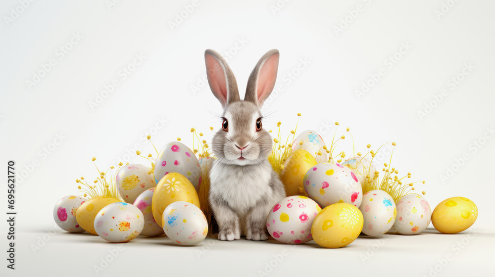 3d illustration of cute brown easter bunny with eggs against white background with copy space 3d illustration of cute brown easter bunny with eggs against white background with copy space