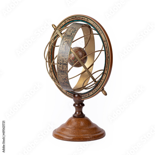 Fotografie Side view of antique brass armillary sphere with zodiac ring isolated on white