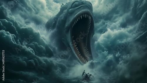 Giant sea monster coming out of the waves to devour a boat with people on it