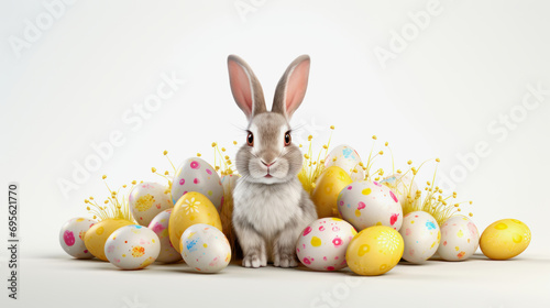3d illustration of cute brown easter bunny with eggs against white background with copy space © Claudia Nass