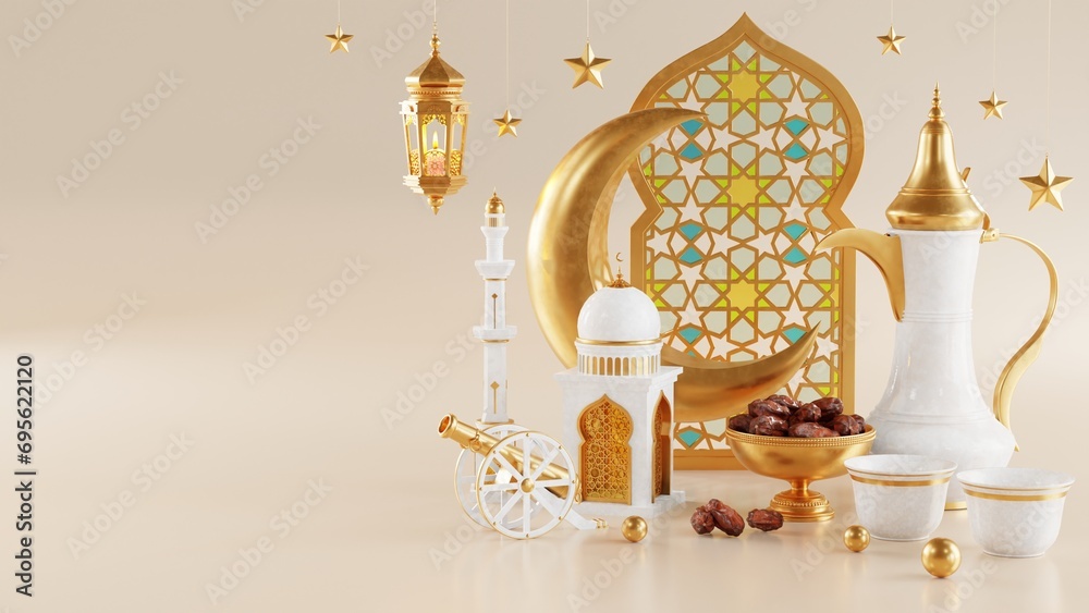 3d Ramadan Kareem with golden moon star and lantern, mosque door islamic pattern, arabic coffee pot, date palm fruit, podium as luxury islamic background. decoration for ramadan kareem, eid mubarak. 3d Ramadan Kareem with golden moon star and lantern, mosque door islamic pattern, arabic coffee pot, date palm fruit, podium as luxury islamic background. decoration for ramadan kareem, eid mubarak.