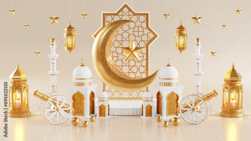 3d Ramadan Kareem with golden moon star  and lantern, mosque door islamic pattern, arabic coffee pot, date palm fruit, podium as luxury islamic background. decoration for ramadan kareem, eid mubarak.