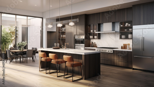 A modern kitchen equipped with top-of-the-line appliances  sleek cabinetry  and a spacious island for culinary indulgence.