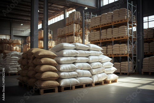 Stacks of goods in a warehouse. Retail warehouse full of shelves with goods. Generative AI