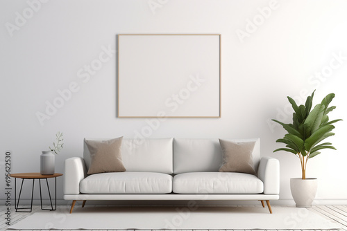 Modernist living room with a bright white wall  a minimalist blank mockup frame 8k 